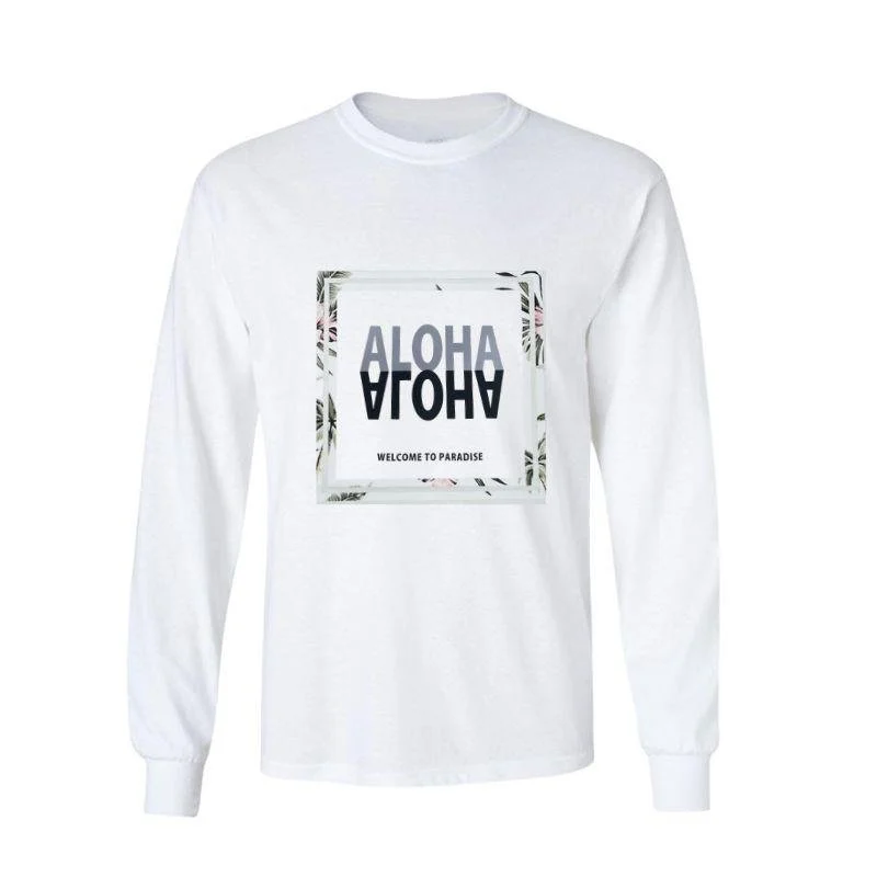 Aloha Days Long Sleeves T-Shirt Flower Square Made in Hawaii (Small-XLarge) White
