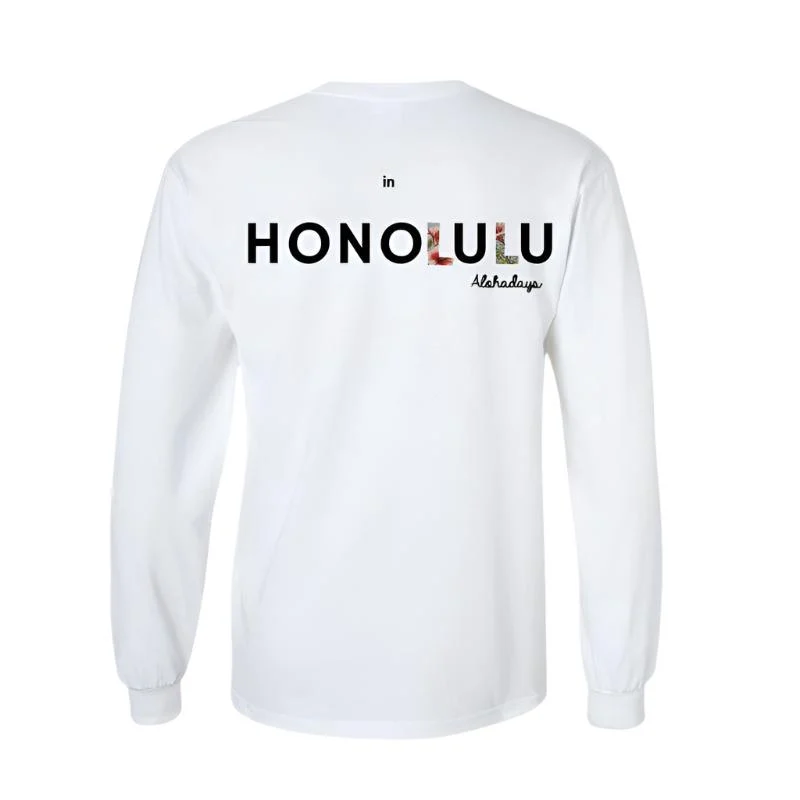 Aloha Days Long Sleeves T-Shirt SURF IN HONOLULU LTD. Made in Hawaii (Small-XLarge) White