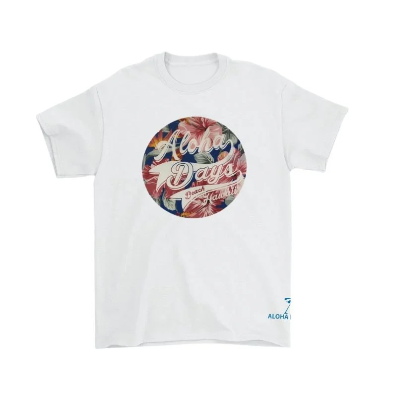 Aloha Days T-Shirt FLOWER CIRCLE LTD. Made in Hawaii (Small-XLarge) White