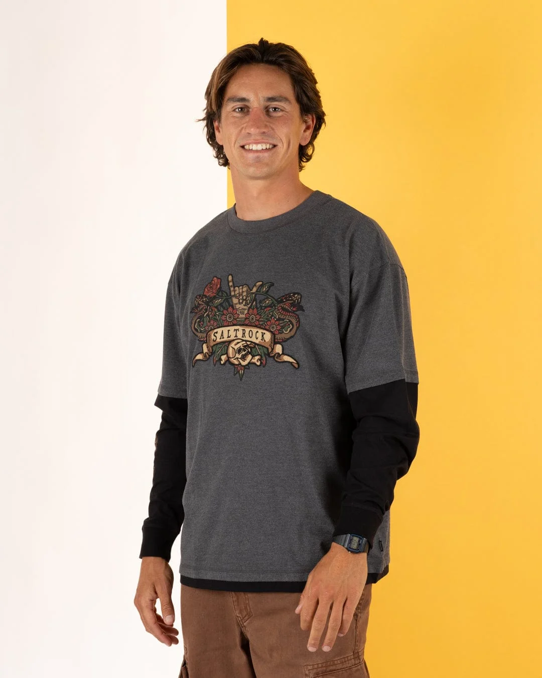 Shaka Tattoo Mens Oversized Long Sleeve T-Shirt in Dark Grey