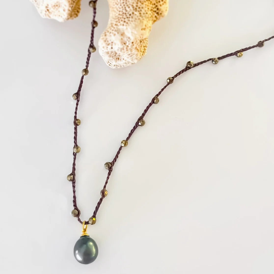Tahitian Pearl + Pyrite Crochet Necklace