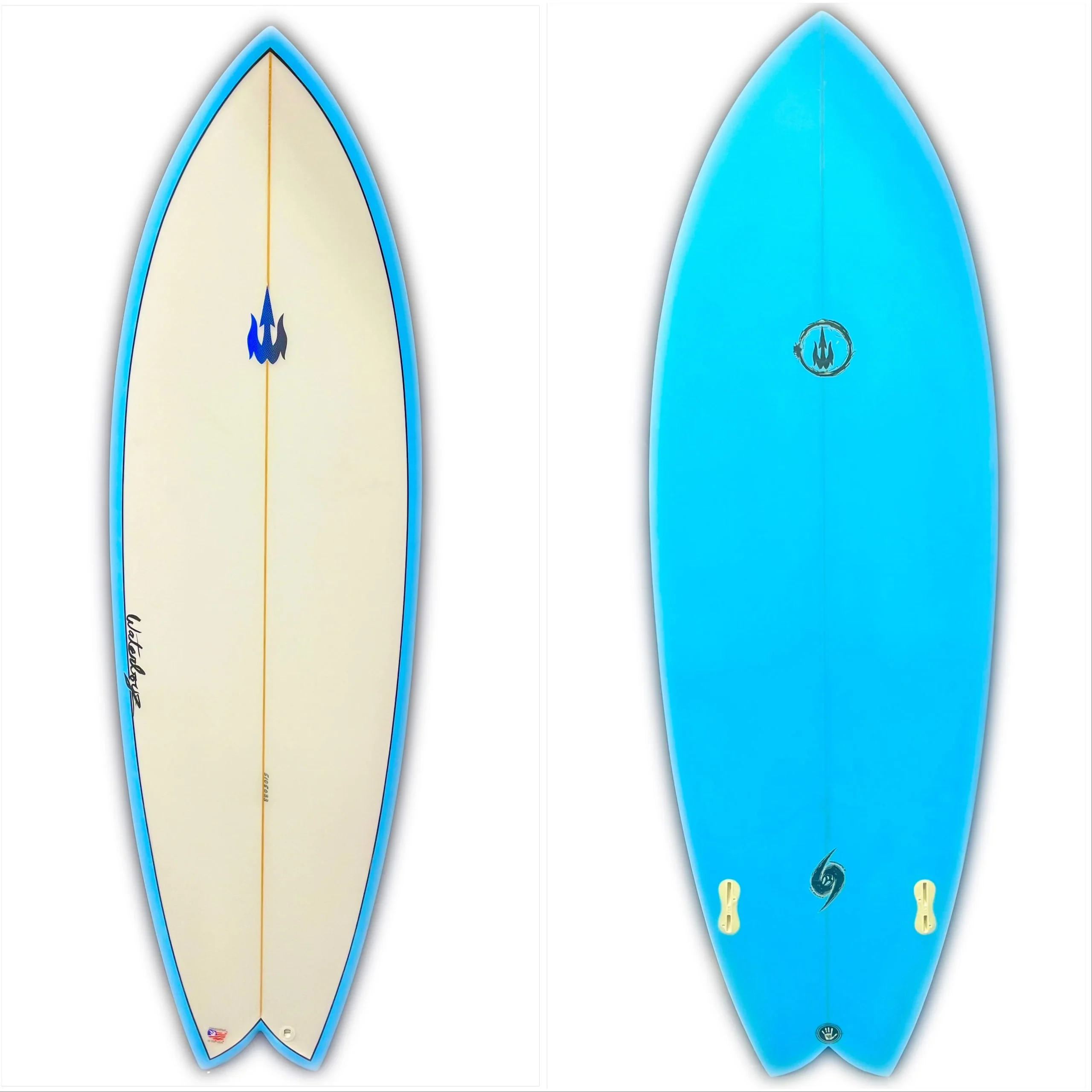 WBZ 5'10" BlueFin Twin Fish Surfboard - Blue Rails/ Hull