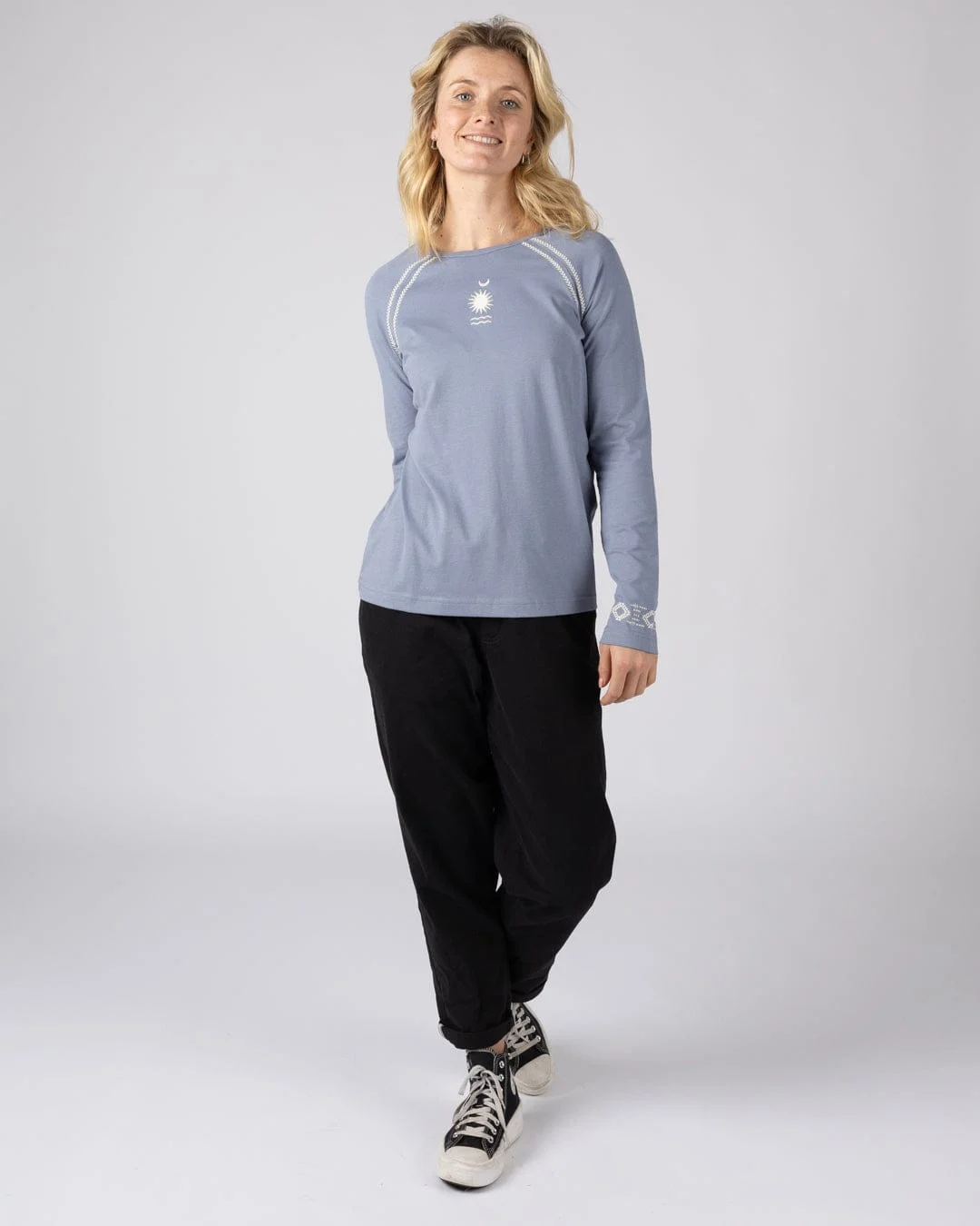 Womens Long Sleeve T-Shirt Blue Embroidery | Nessa